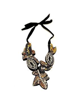 FLORAL FANTASY | Mixed Metal Hand-Beaded Bib Necklace w Ribbon Tie Closure | NIB